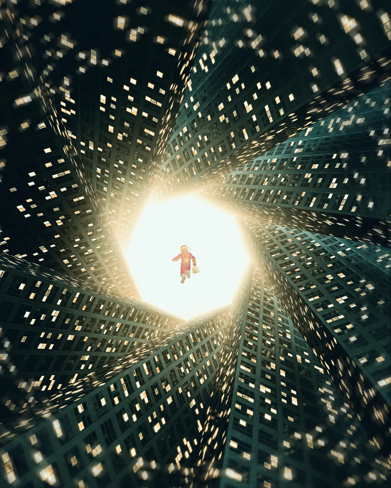 A small figure floats toward a glowing opening amid a field of fragments.