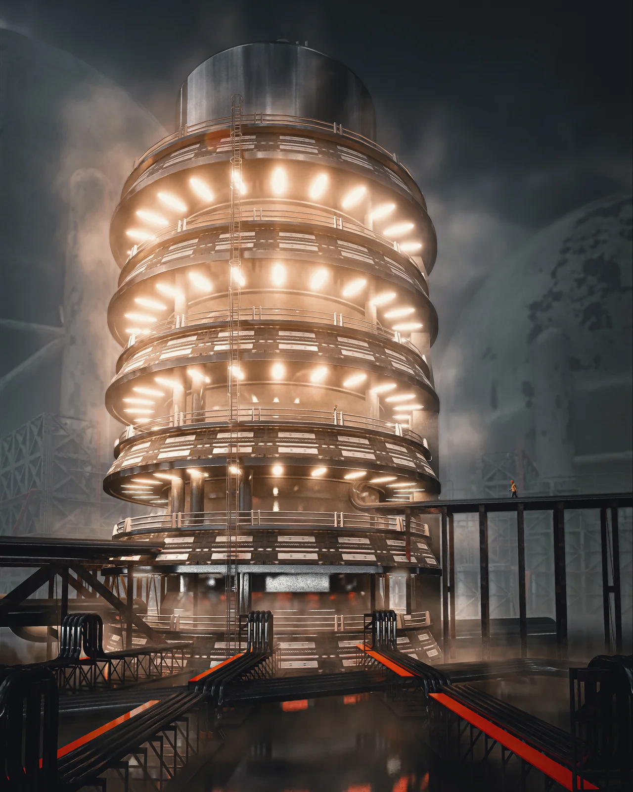 A cylindrical industrial tower glows through a dark, smoky atmosphere.