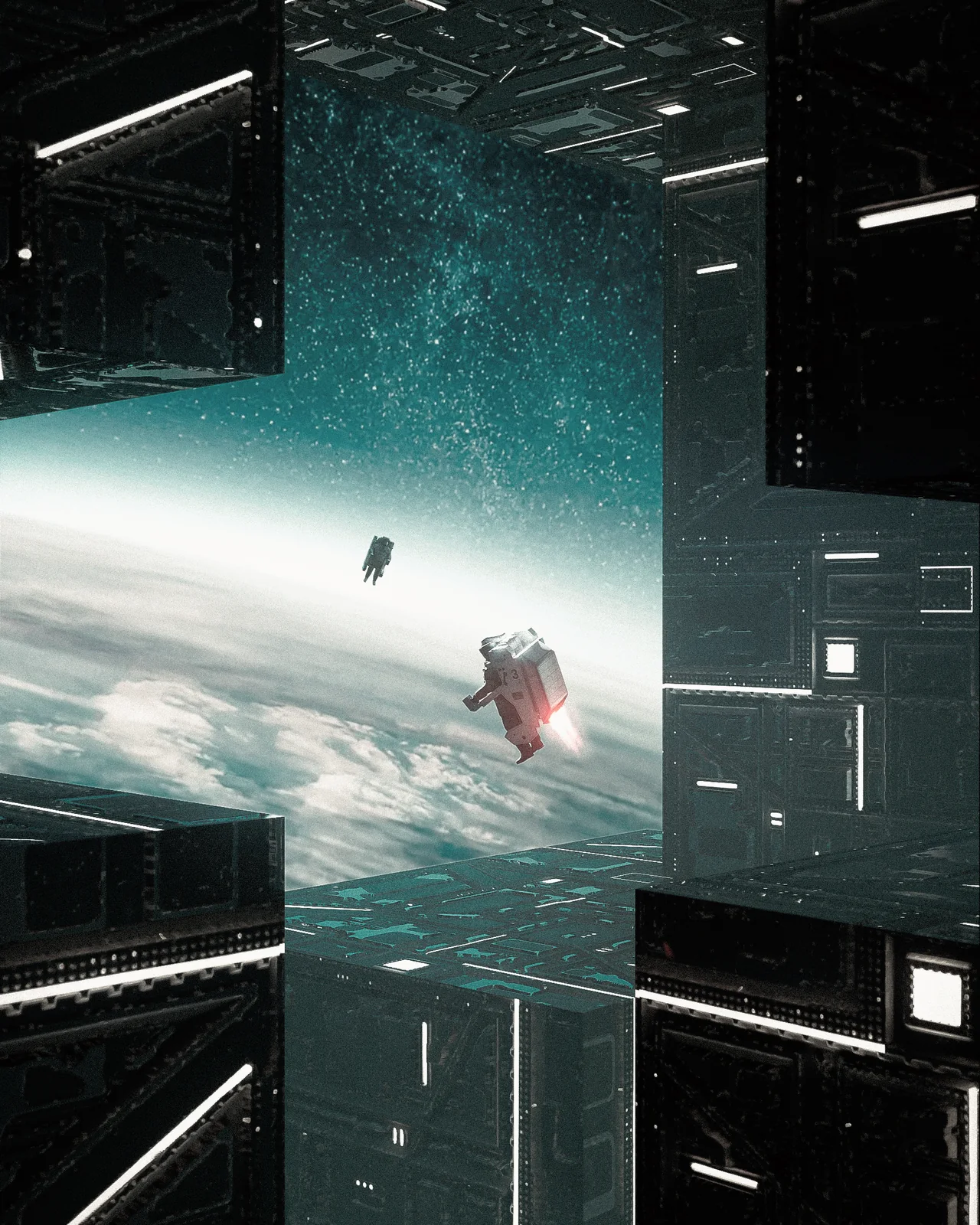 A figure floats between dark structures above the curve of a planet.
