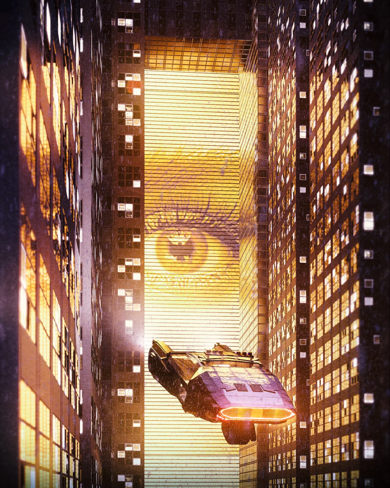 A futuristic city canyon surrounds a flying vehicle and a giant illuminated eye.
