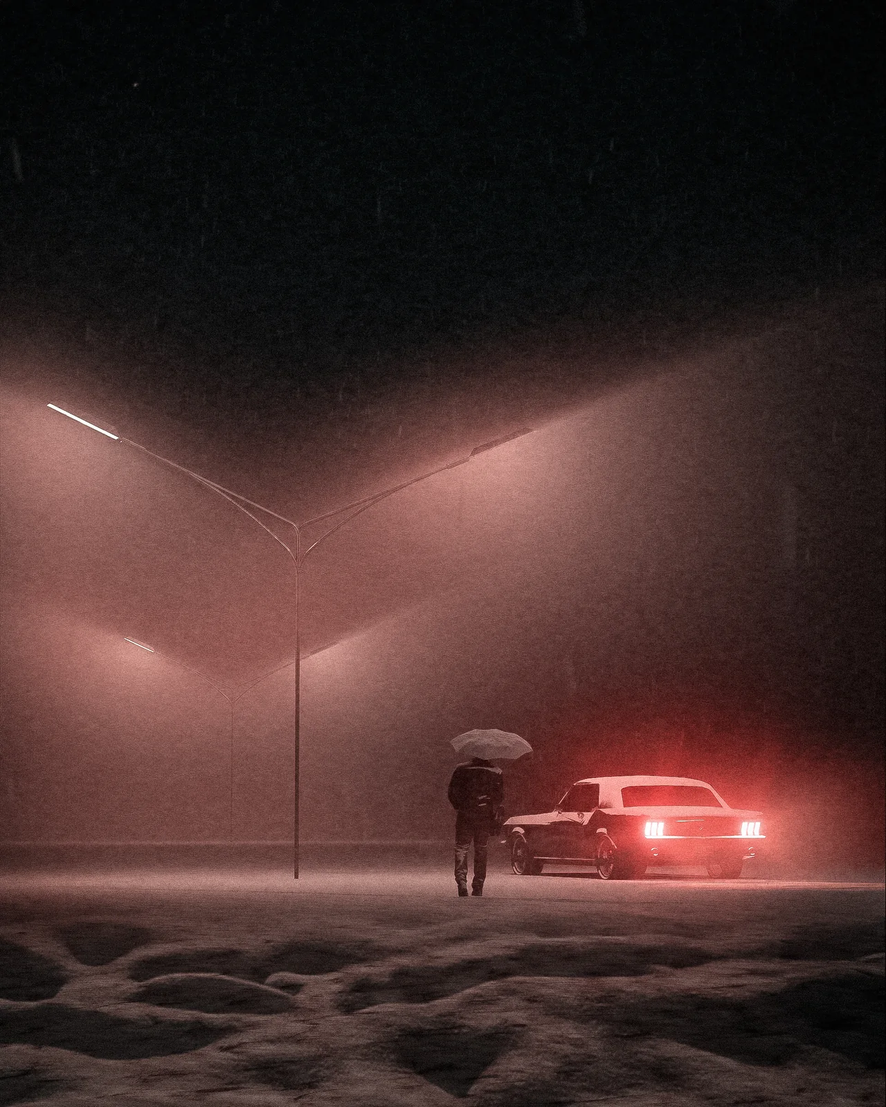 A solitary figure walks toward a car beneath a dim streetlight.