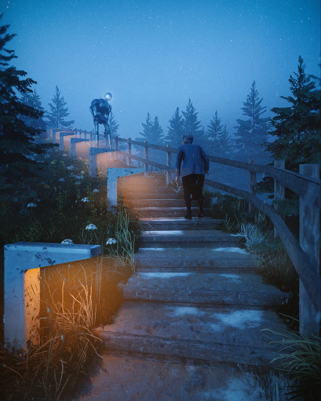 A figure climbs a wooded path beside a rust-colored cylindrical structure.