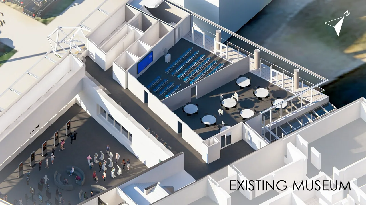 Axonometric concept study showing the museum event room divided between rows of lecture seating and round reception tables.
