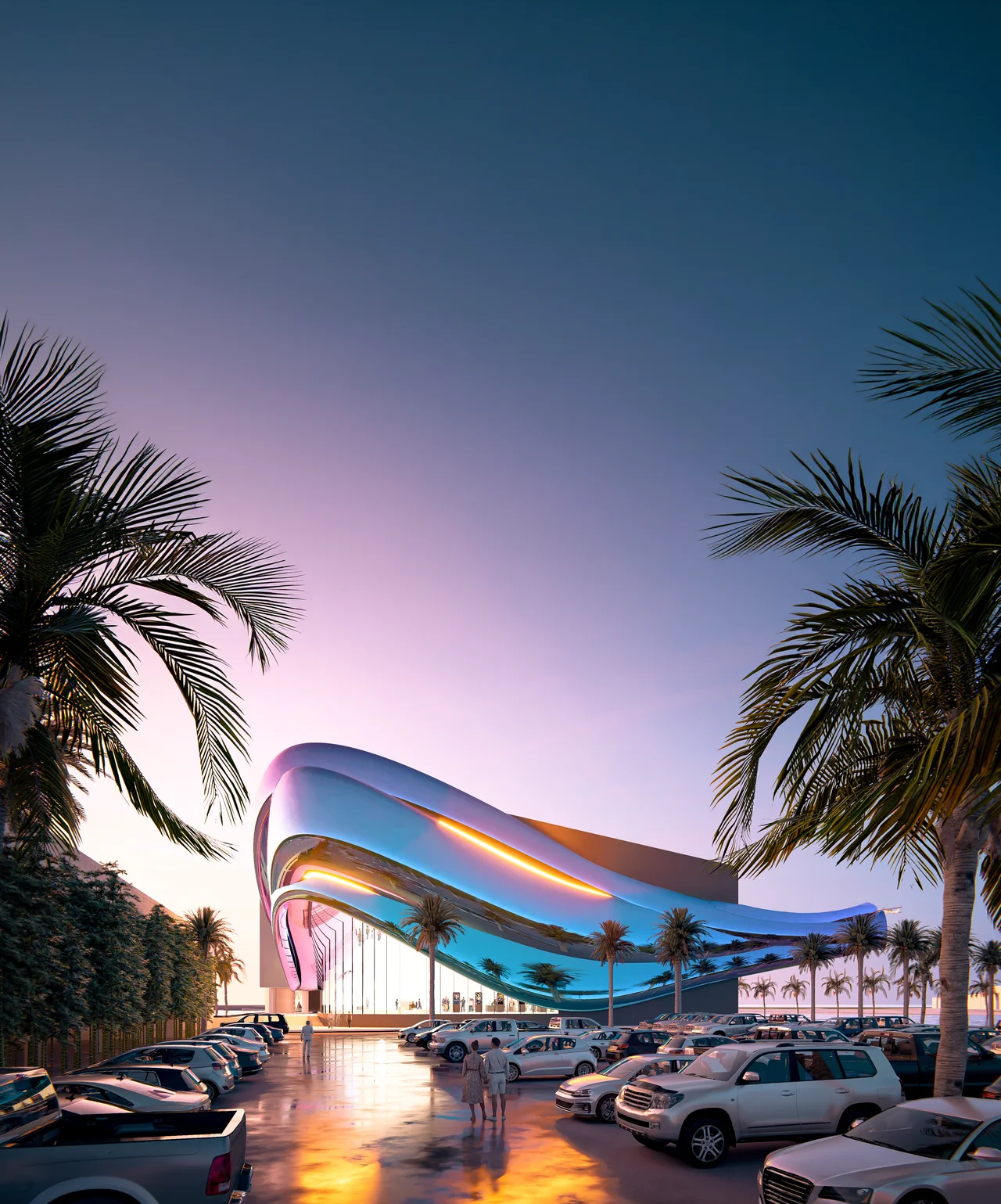 Concept rendering of a curved illuminated museum expansion at twilight.