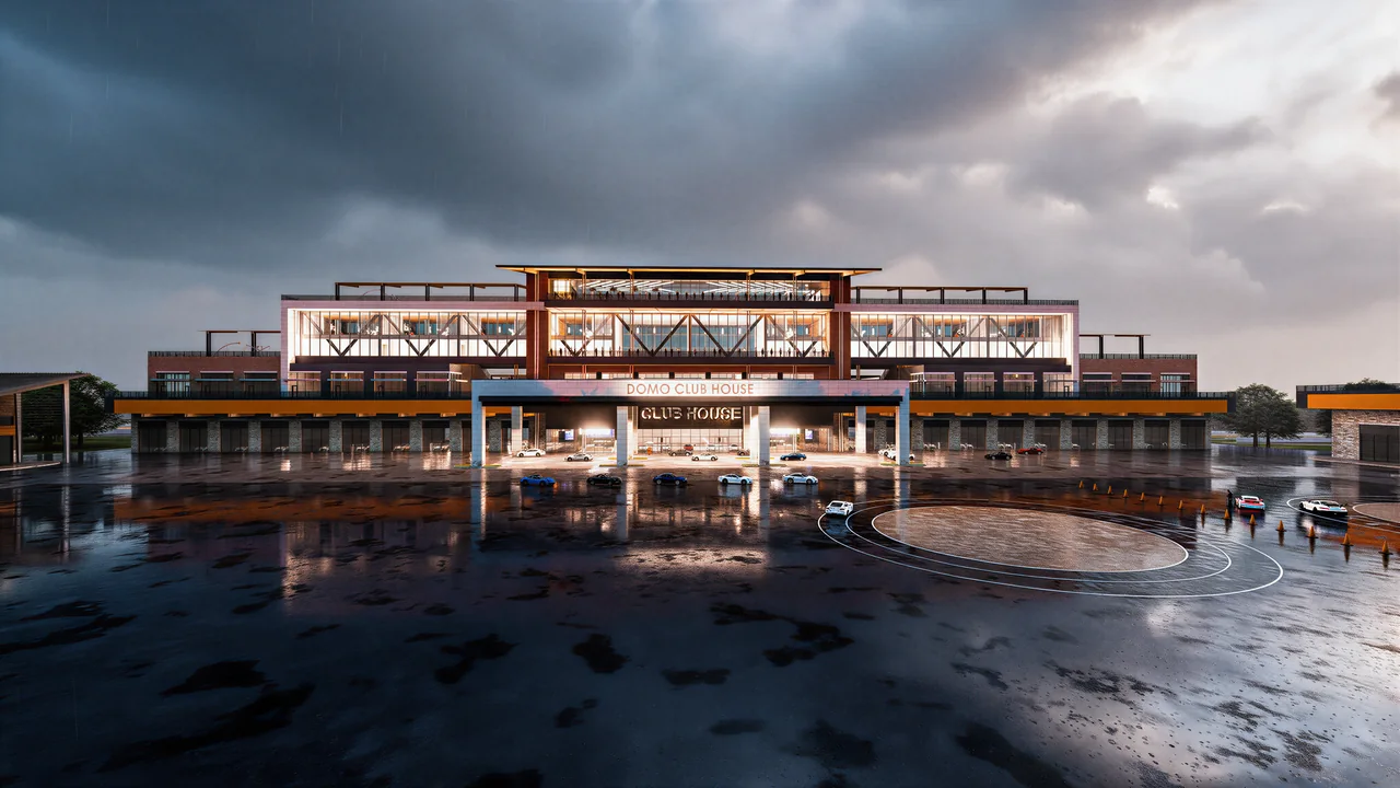 Concept rendering of a glazed clubhouse overlooking reflective water at dusk.