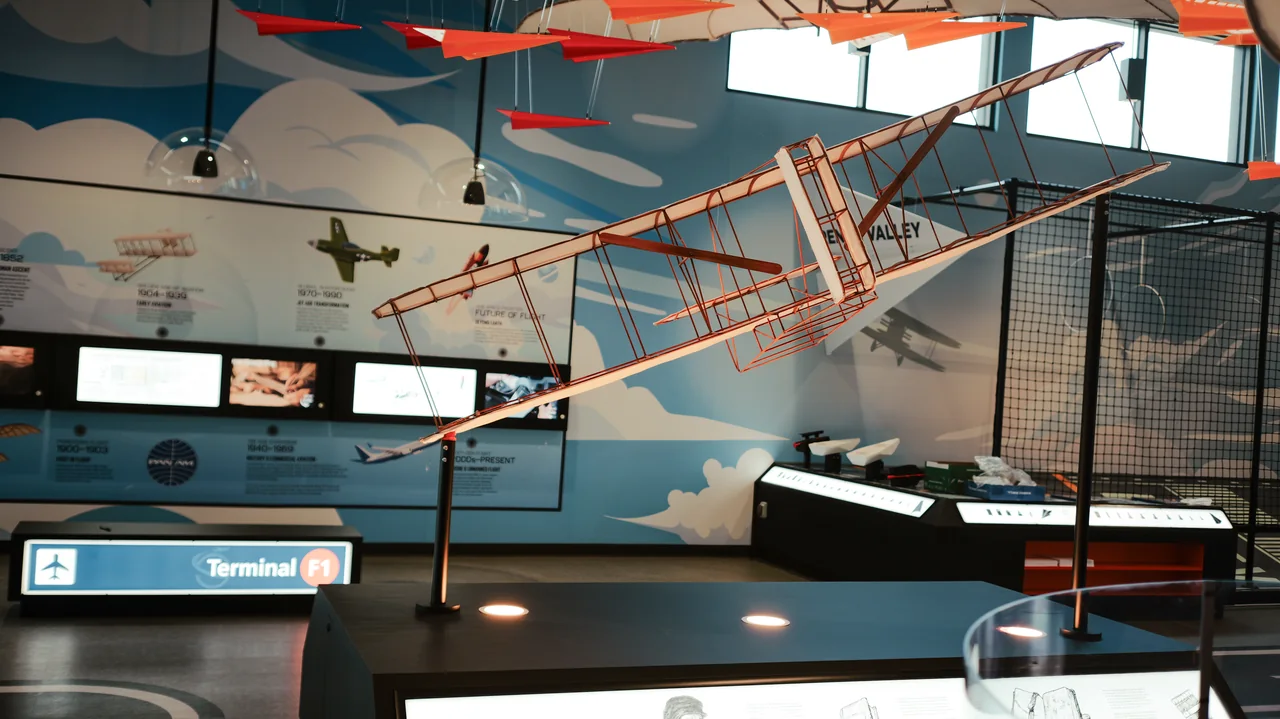 Suspended aircraft and a flight-history display in the Discovery Hangar.
