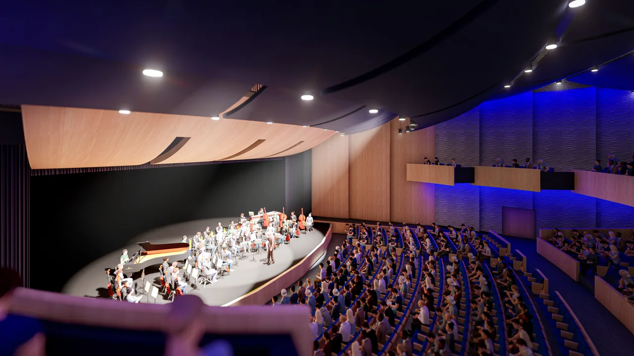 Design rendering of a theater with curved timber surfaces and blue audience seating.