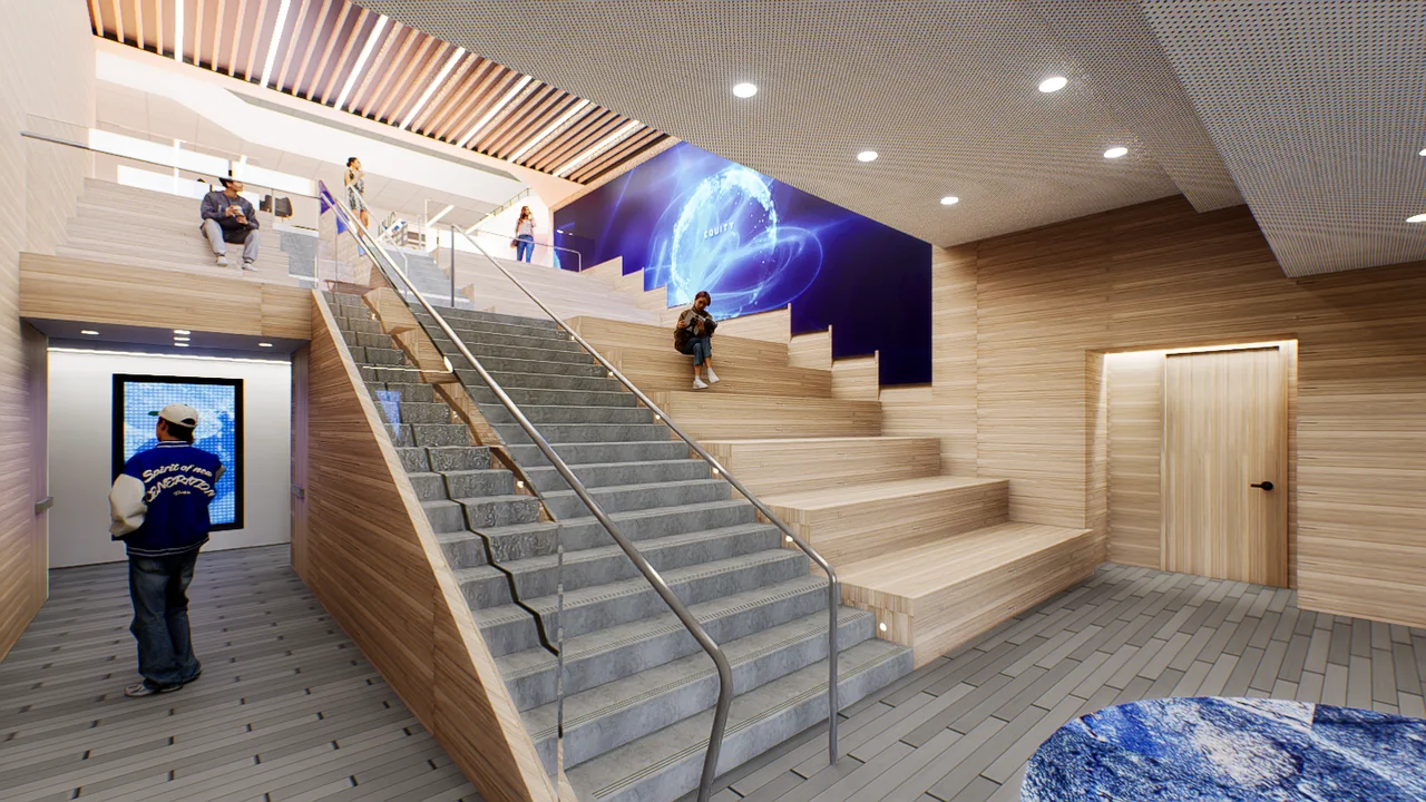 Rendering of a broad timber learning stair beside a digital screen.