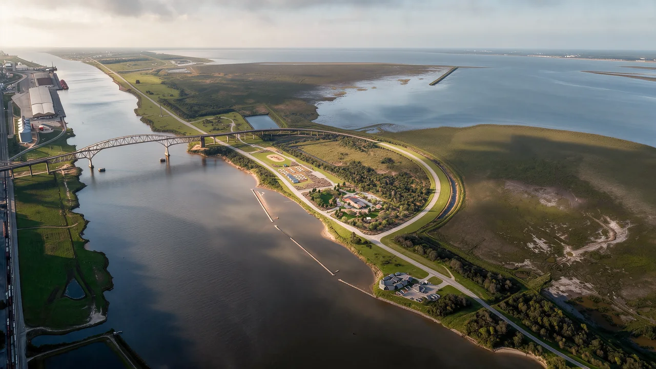 Aerial visualization of the visitor center and coastal landscape.