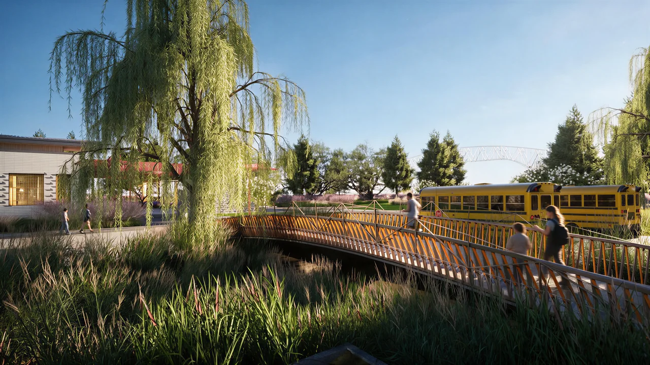 Rendering of a visitor-center bridge through wetland planting beneath a willow tree.