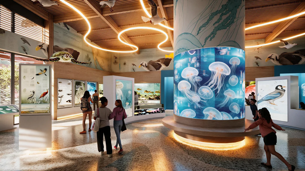 Rendering of an interior gallery organized around a cylindrical jellyfish display.