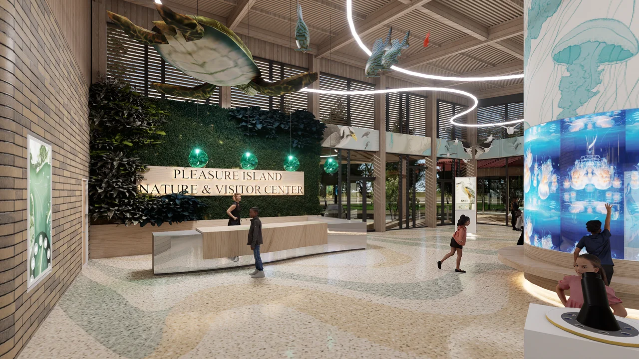 A rendered nature-center lobby features suspended birds and a curved illuminated column.