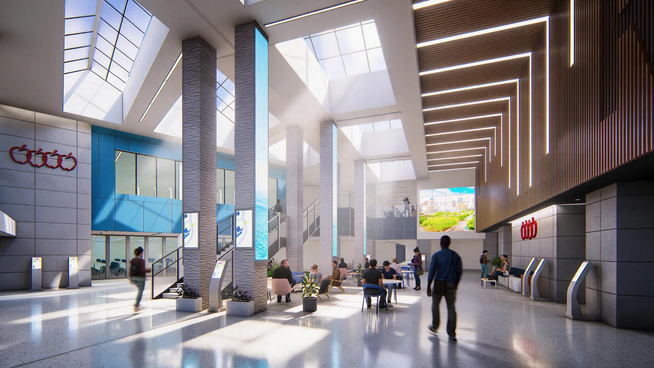 Concept rendering of a bright atrium with timber ceiling elements and digital columns.
