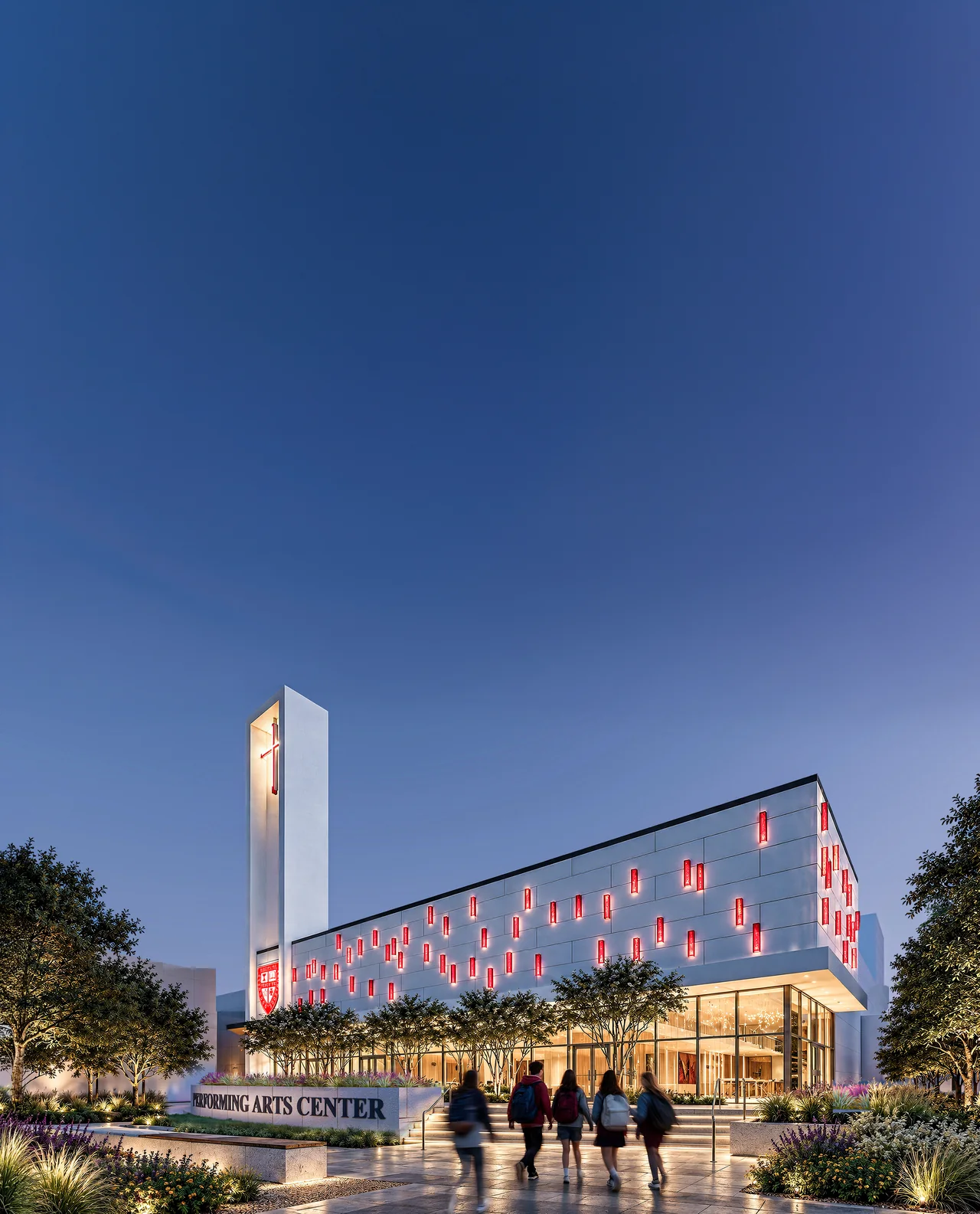 Vertical concept rendering of an illuminated performing arts building with a cross.