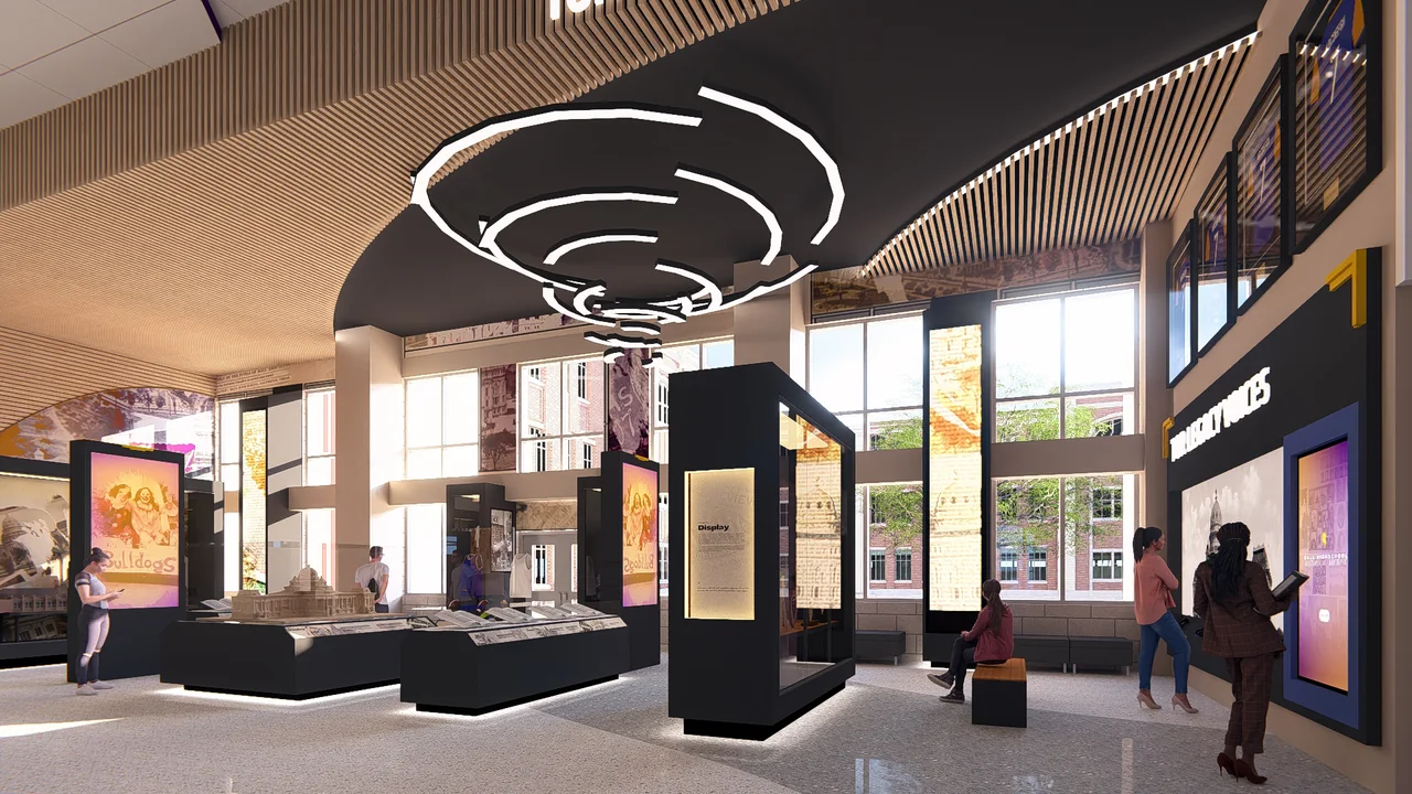 Rendering of the Legacy Center with illuminated timeline displays and a sculptural ceiling light.